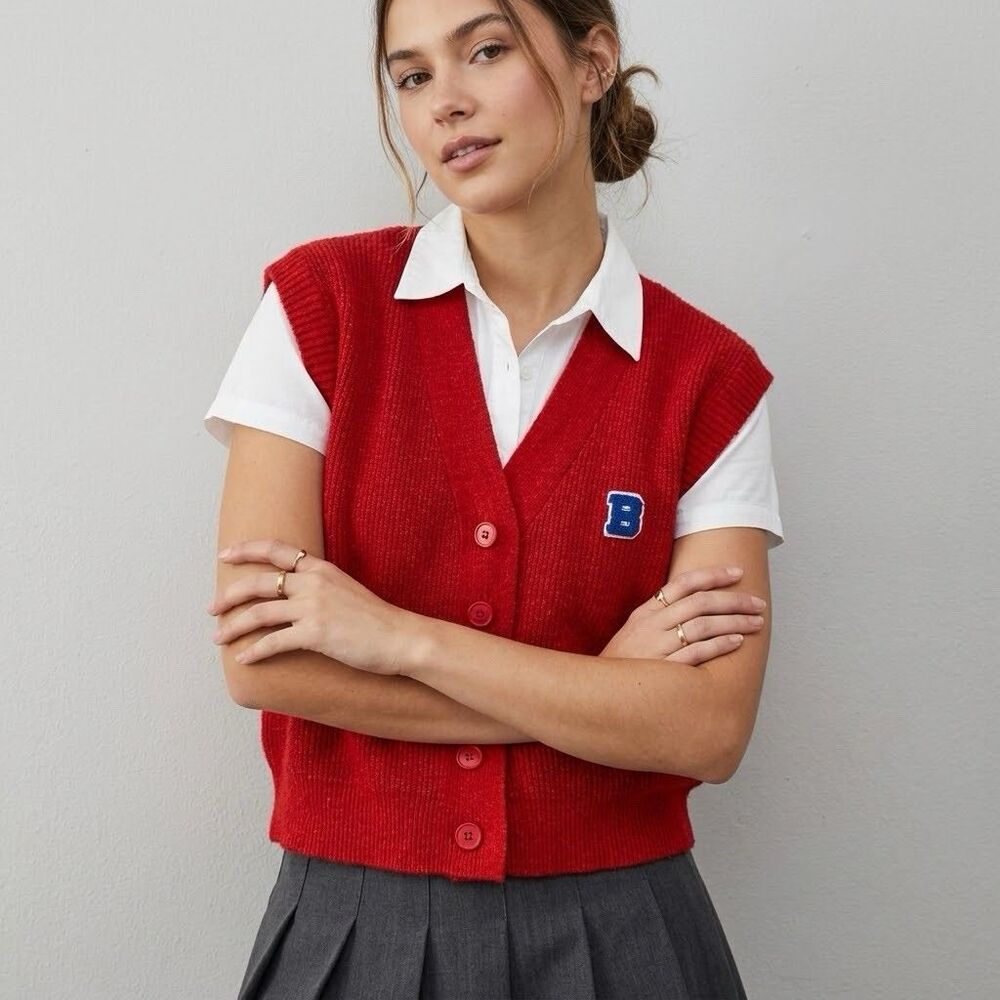 BDG Urban Outfitters Red Knit Sweater Vest Letterman B Patch Preppy  Cardigan L
